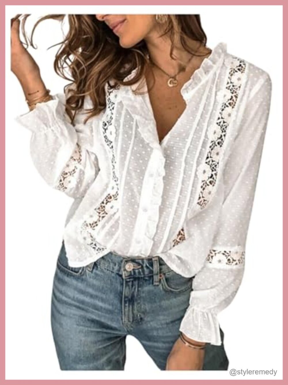 Women's Boho Floral Lace Peasant Blouse Ruffled Button Down Top